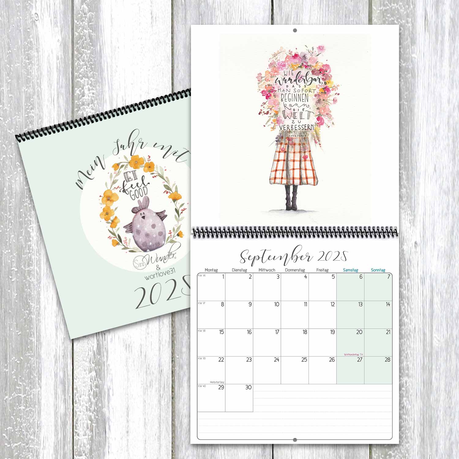 SinnWunder Handlettering Wandkalender, Büro-Kalender oder Küchenkalender mit Aquarellzeichnungen von wortlove31 für das Jahr 2025
